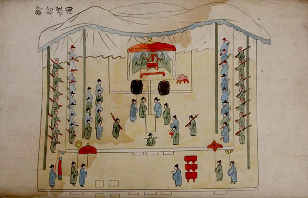 1743년(영조 19년) 윤4월7일 성균관에서 거행된 대사례에서 왕이 활을 쏘는 의례를 그린 어사례도. 국립중앙박물관 소장.